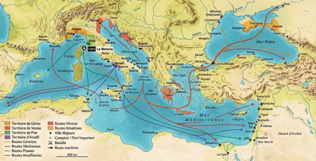 Map of trade routes by Italian routes to Eastern Med