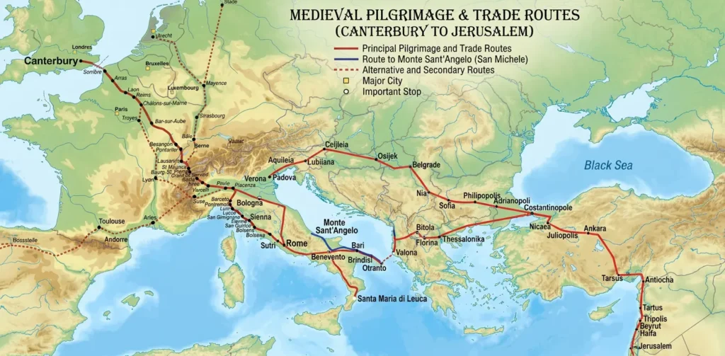 Map of Medieval Pilgrimage and Trade routes to the Hold Land