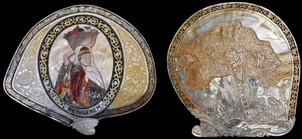 Images of Decorative mother of pearl shells (Modified from Women of Bethlehem - Contemporary Mother of Pearl Art from The Diaspora)