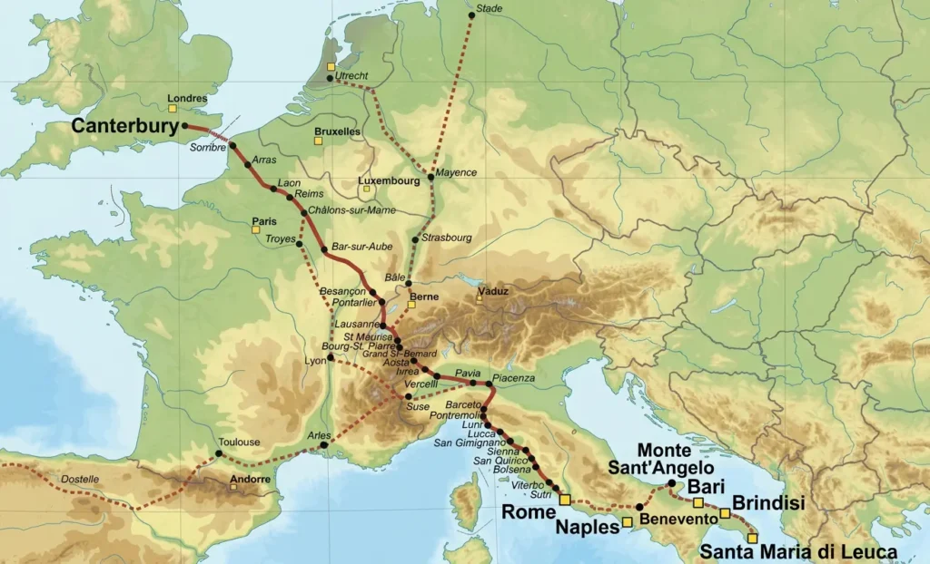 Via Francigena Canterbury to Rome Pilgrim map with south Italy addition