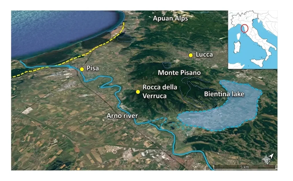 Map indicating the position of Rocca della Verruca fortress in relation to the ancient topography (Modified from The building materials of the Rocca della Verruca fortress (Tuscany-Italy) by Giovanni Pancani et al, 2023