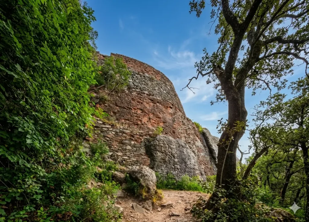 Image showing The northeast round bastion of Rocca della Verruca fortress which clings directly to the conglomeratic rock of the mountain peak (Modified photo by Fabio Fratini, 2022 in The building materials of the Rocca della Verruca fortress (Tuscany-Italy) by Giovanni Pancani et al, 2023 )