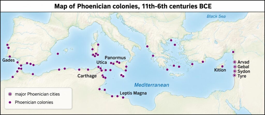 Modified from: Vikarna & Kalicine730, file was derived from: Phoenician colonisation be.PNG, CC BY-SA 4.0, https://commons.wikimedia.org/w/index.php?curid=88266410